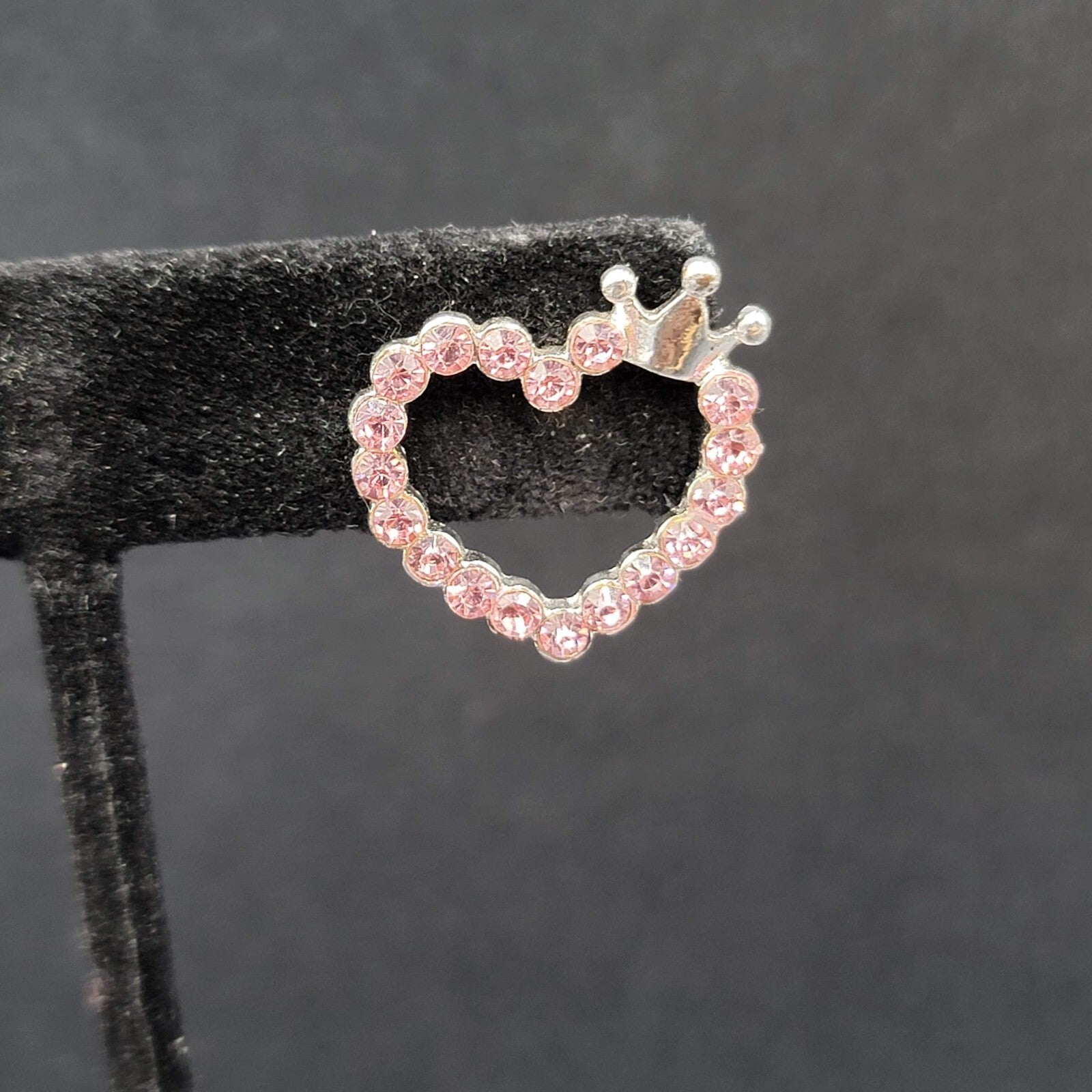 Heart Pierced Earrings Silver tone Crown Pink Crystal Studs 3/4"