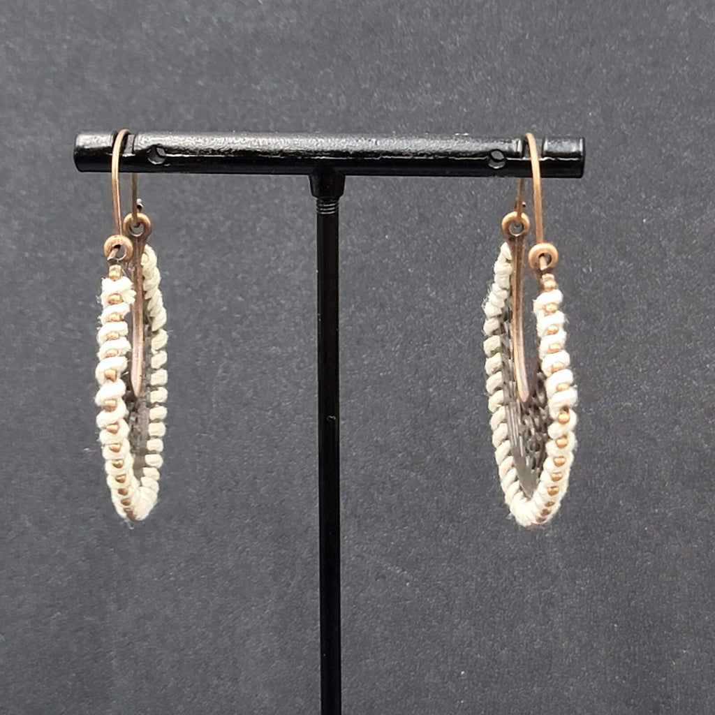 New Boho Pierced Earrings Bronze tone Open Work White Thread Hoops Dangle 1.75"