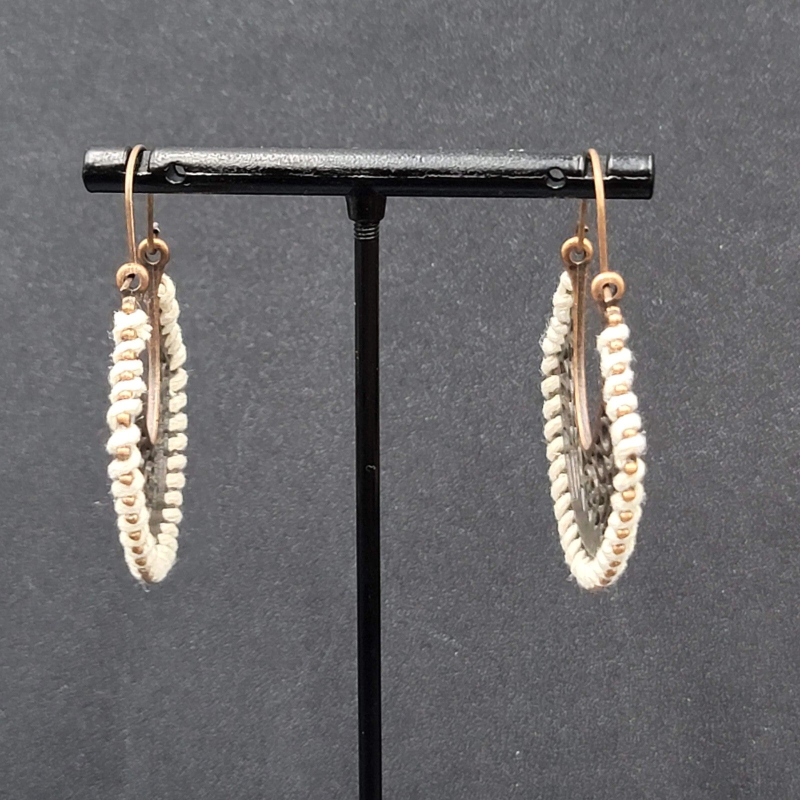 New Boho Pierced Earrings Bronze tone Open Work White Thread Hoops Dangle 1.75"