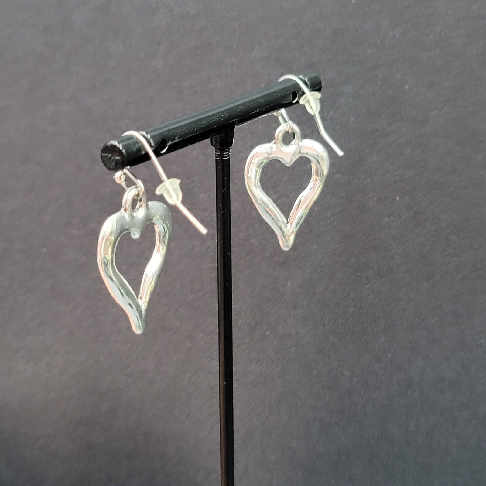 Pierced Earrings Silver tone Open Heart Dangle 1"
