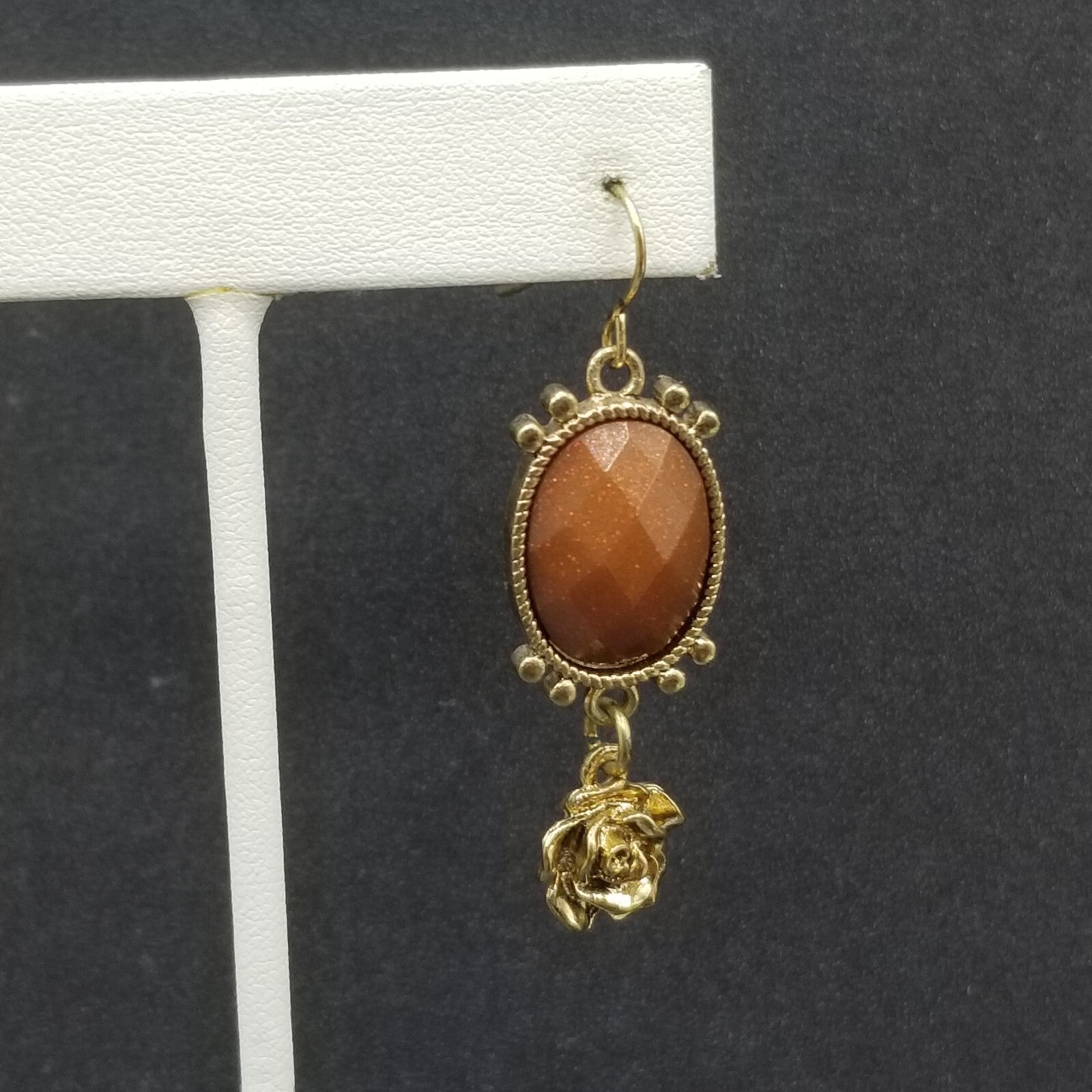 Pierced Earrings Gold tone Brown Sparkle Acrylic Flower Dangle 1 3/4"