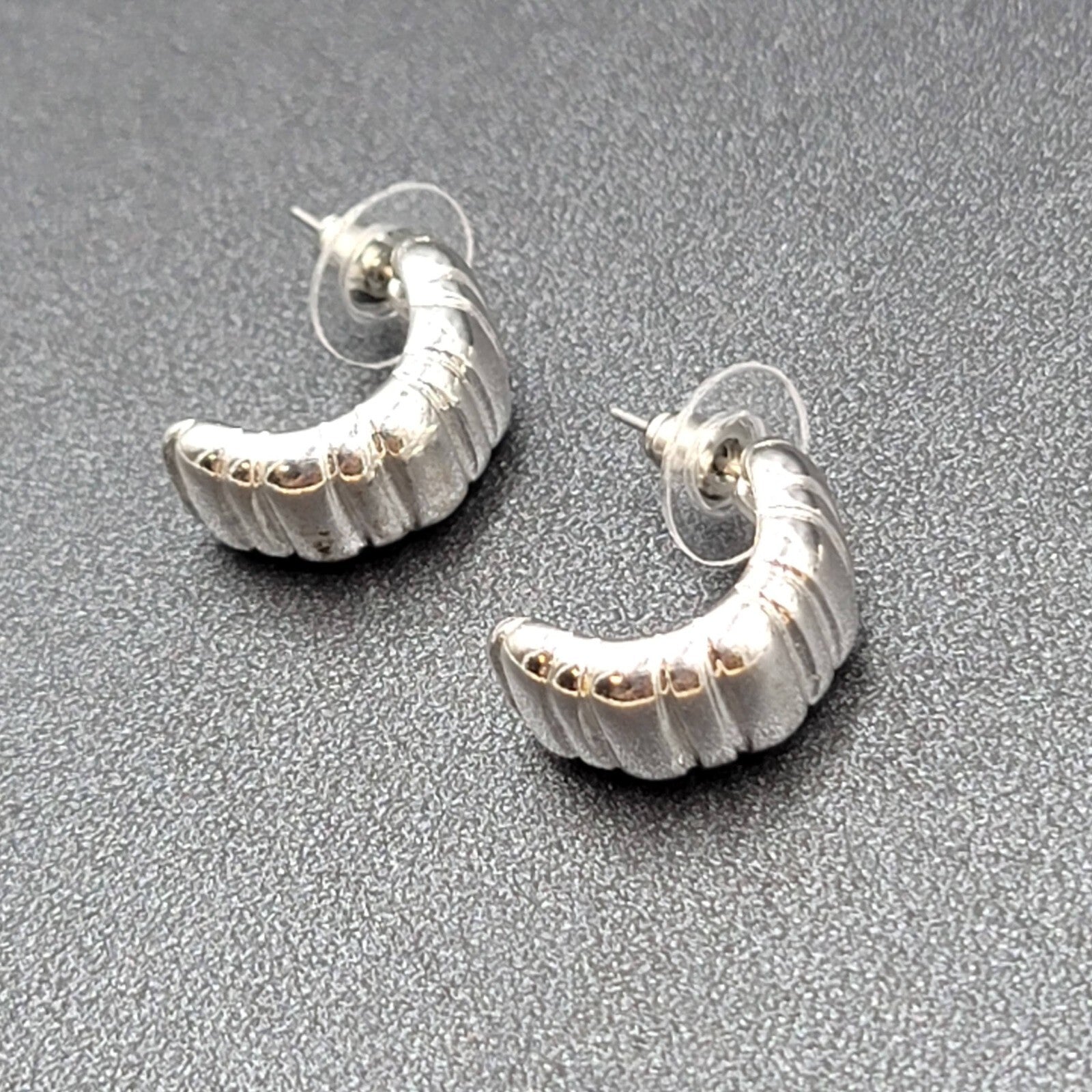 Pierced Earrings Silver Plated Ribbed Half Hoops Drop 3/4"