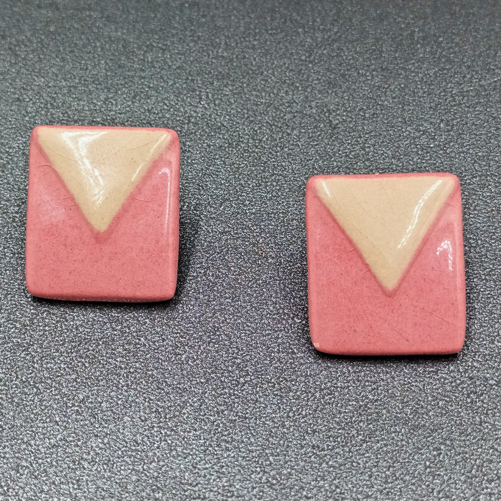 Vintage Pierced Earrings Pink Brown Geometric Ceramic Tile Rectangle Drop 7/8"