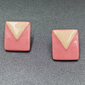 Vintage Pierced Earrings Pink Brown Geometric Ceramic Tile Rectangle Drop 7/8"
