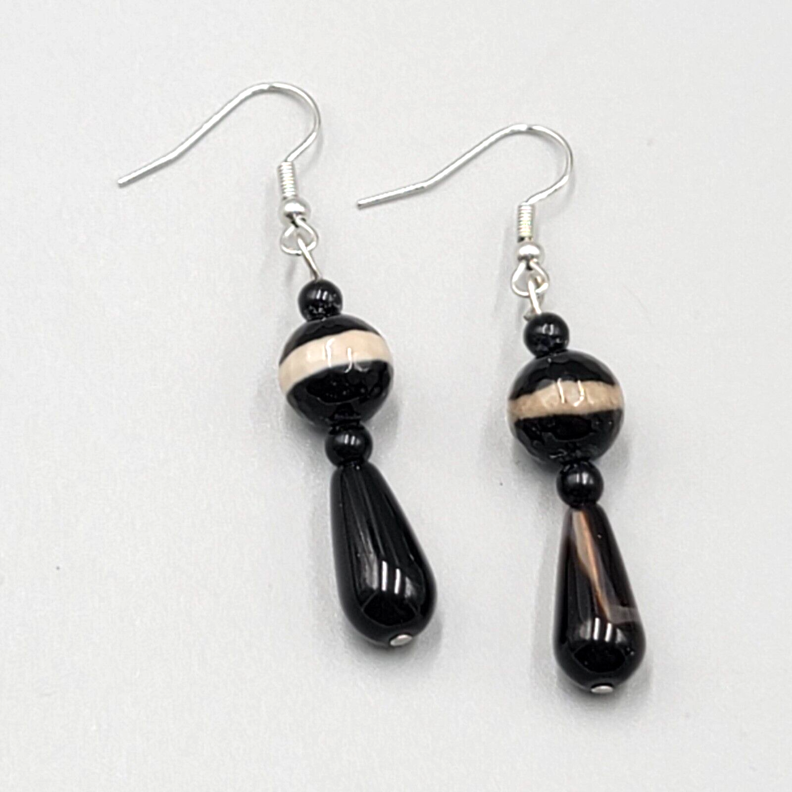 Pierced Earrings Silver tone Black Brown Art Glass Bead Dangle 1.5"