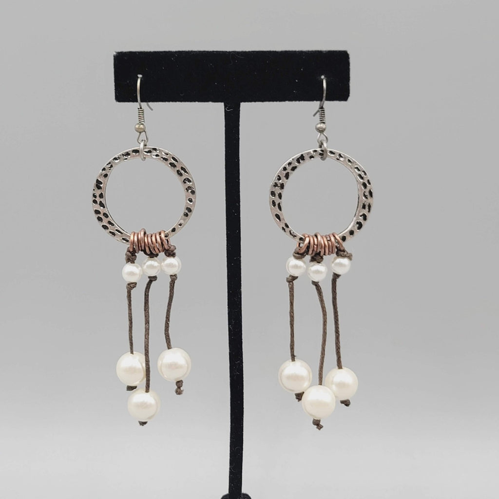 Boho Dangle Pierced Earrings Silver Tone Circle Faux Pearl Beads Gypsy 3"