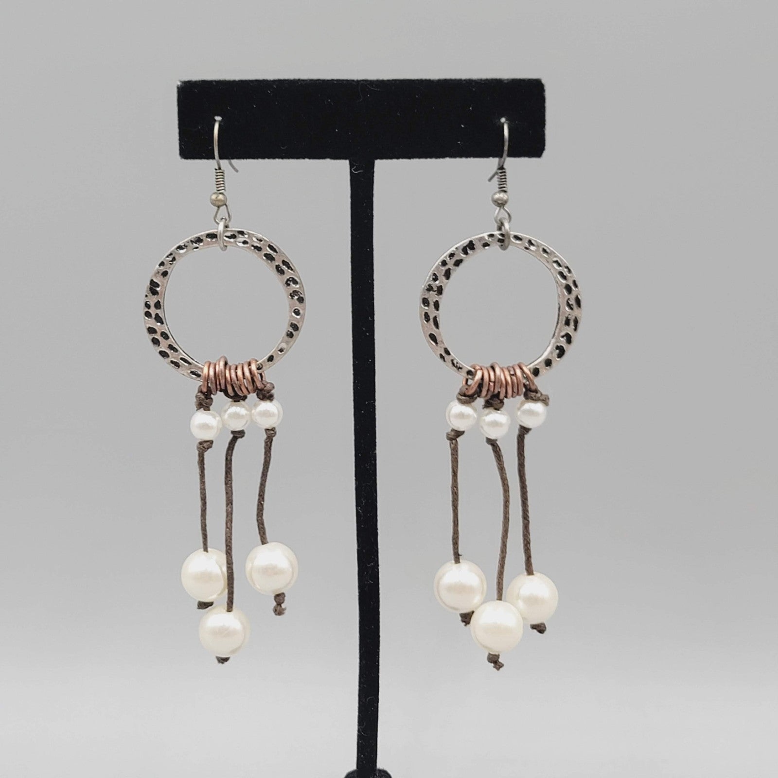 Boho Dangle Pierced Earrings Silver Tone Circle Faux Pearl Beads Gypsy 3"