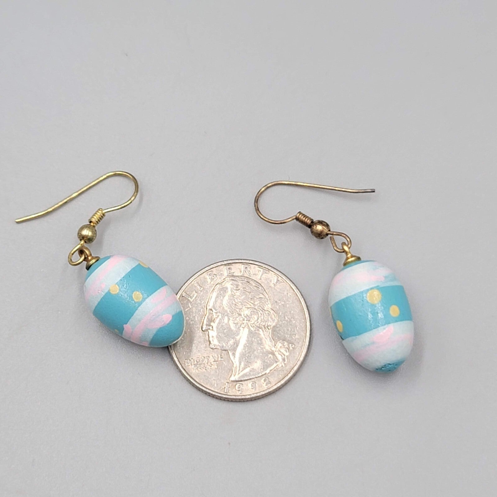 Vintage Blue Easter Egg Pierced Earrings Hand Painted Wood Dangle 7/8"