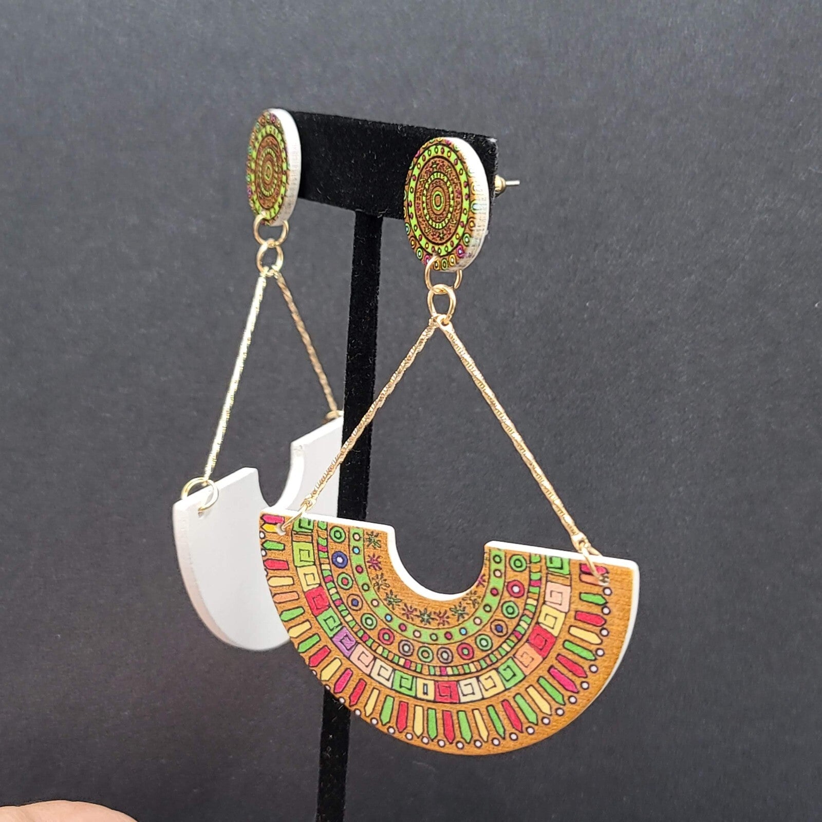 Large Statement Pierced Earrings Multicolor Boho Wood Dangle 3.5"