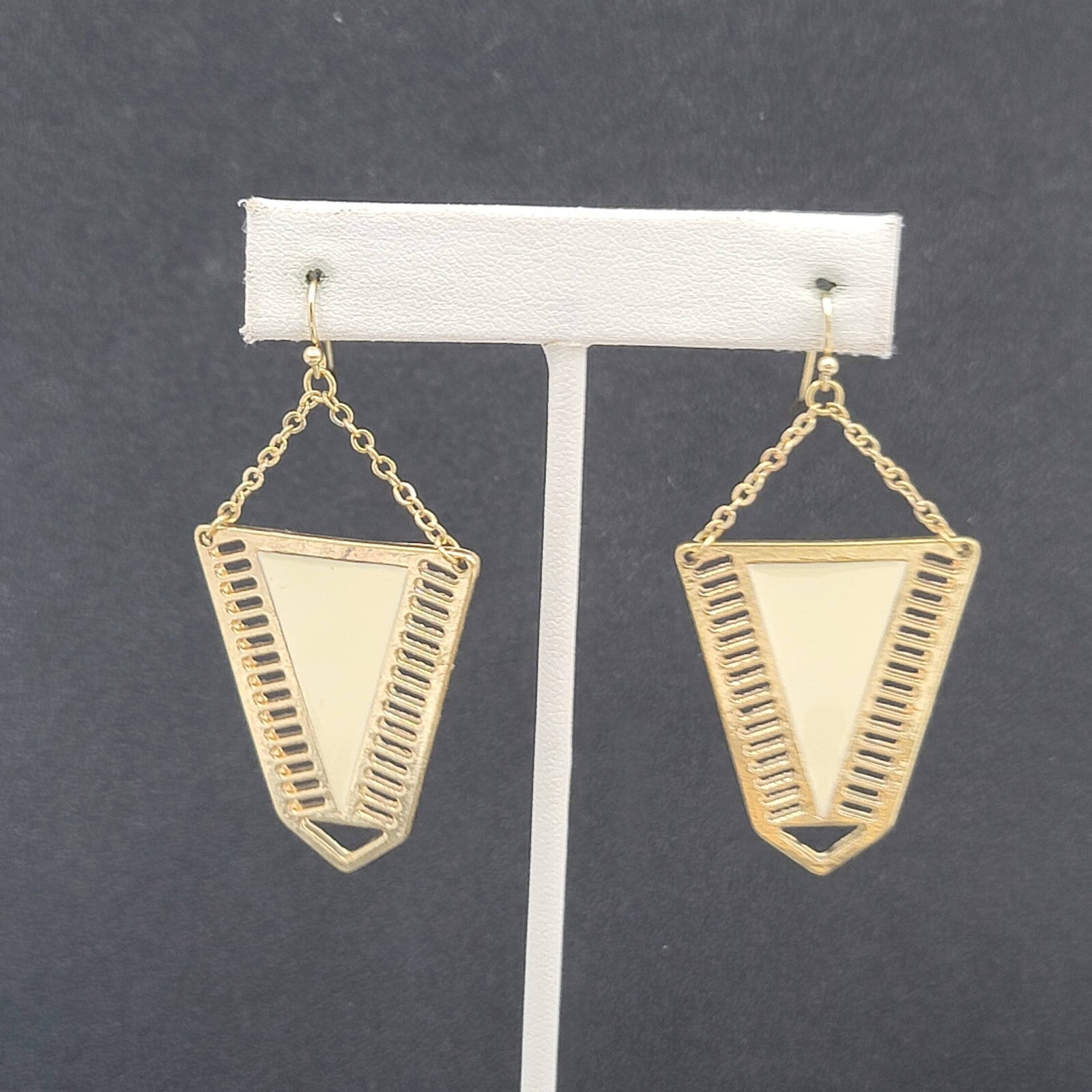 Pierced Earrings Gold tone Cream White Enamel Statement Dangle 2 1/8"