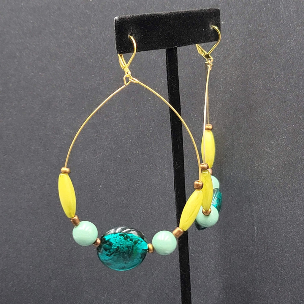 Pierced Earrings Gold tone Blue Dichroic Glass Bead Acrylic Beads 3"