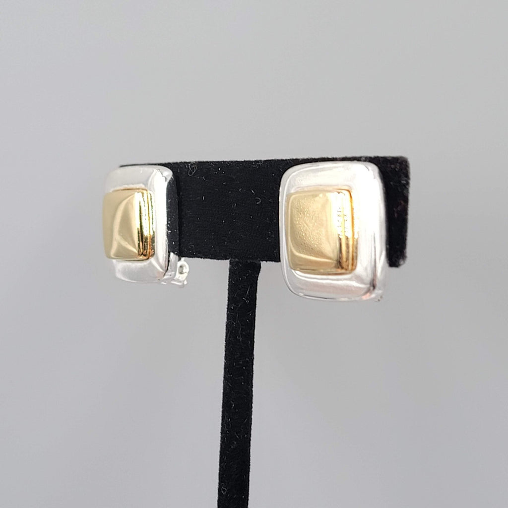 Vintage Two Toned Clip on Earrings Gold and Silver Square Studs 5/8"