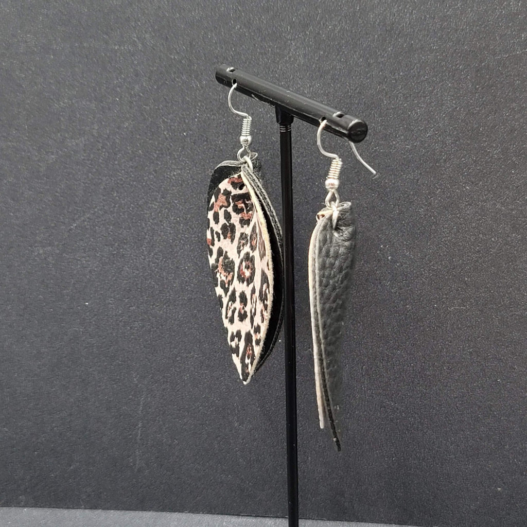 Pierced Earrings Faux Leather Leopard Print Layered Dangle 2.25"