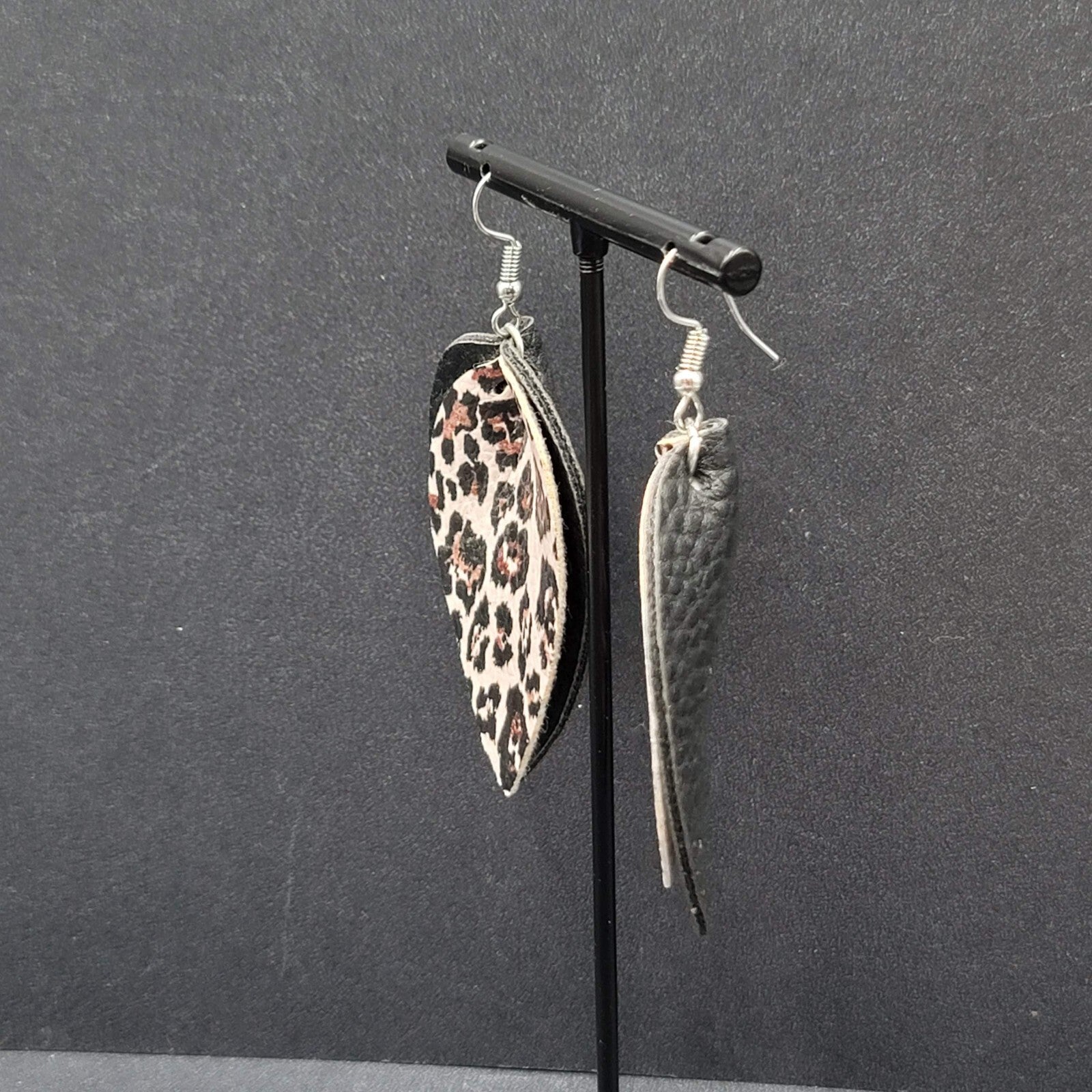 Pierced Earrings Faux Leather Leopard Print Layered Dangle 2.25"