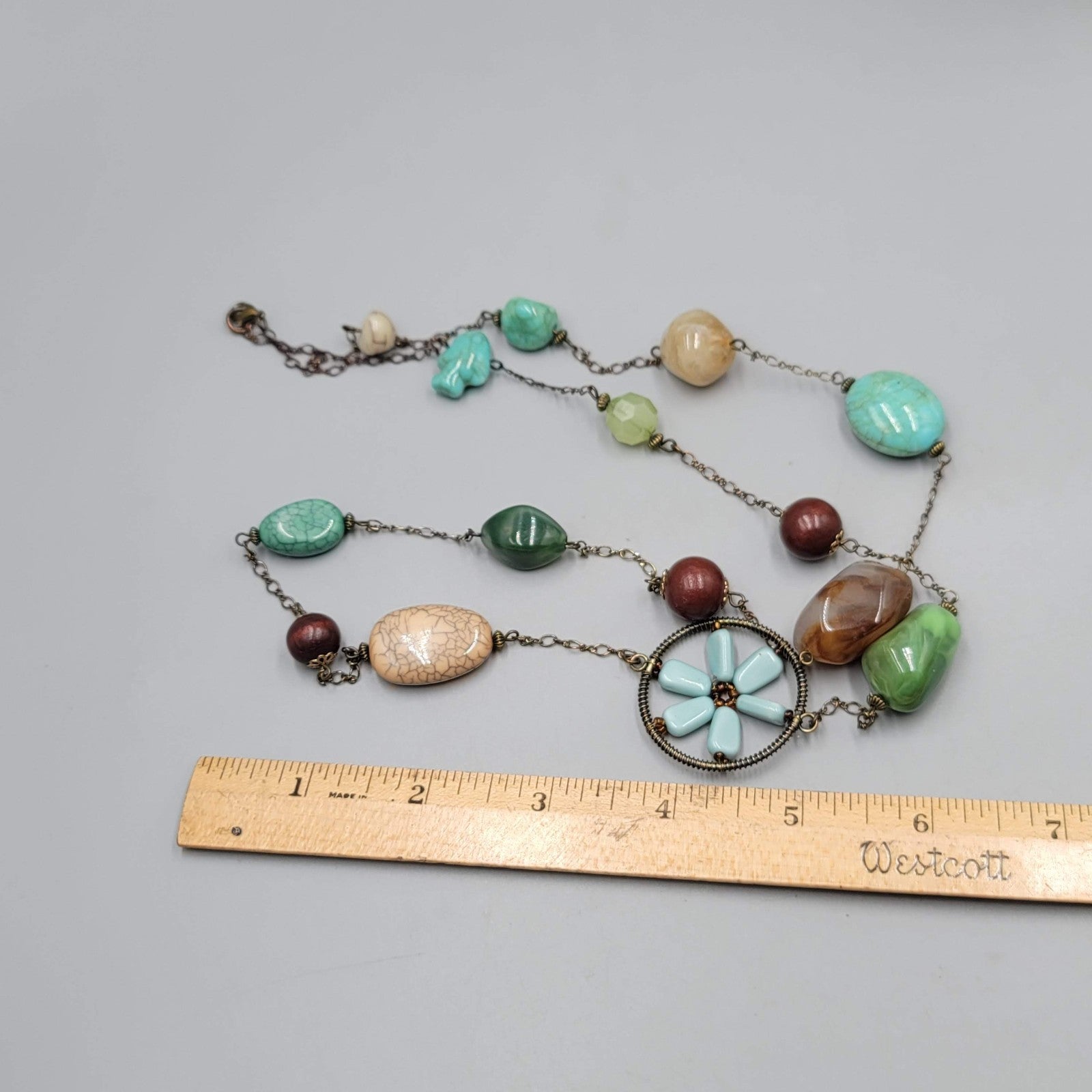 Multicolor Station Bead Necklace Green Brown Blue Flower 32"