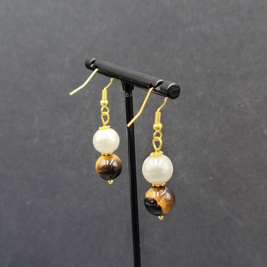 Pierced Earrings Tigers Eye Stone Faux Pearl Bead Dangle 1 1/8"