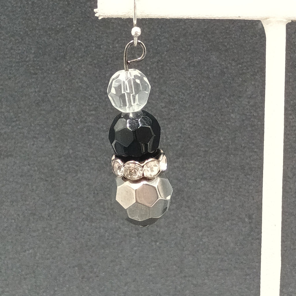 Pierced Earrings Faceted Glass Beaded Silver tone Rhinestone Dangle 1 1/4"