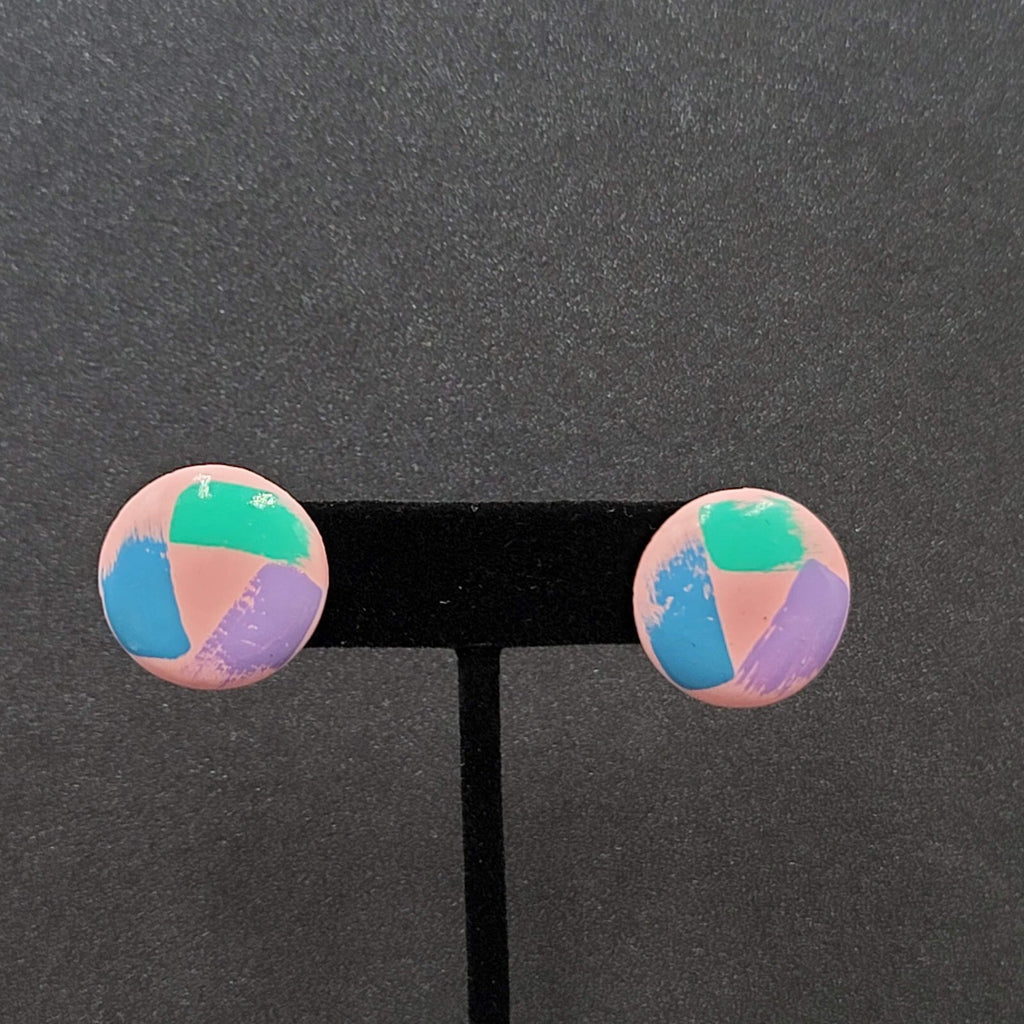 Vintage Pierced Earrings Pink Teal Blue Purple Round 7/8"