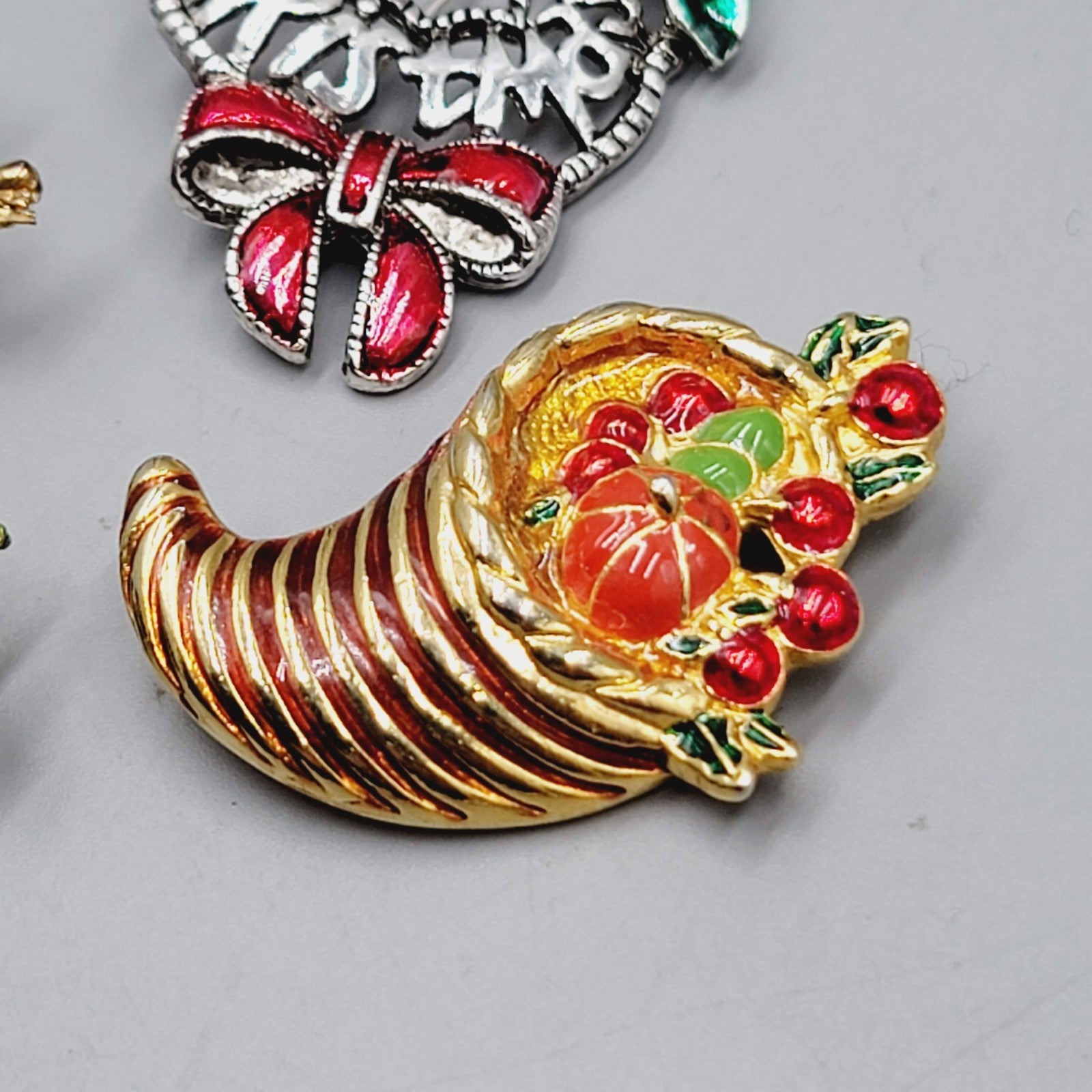 Vintage Holiday Brooch Gold tone Cornucopia Merry Christmas Scarecrow Lot of 3