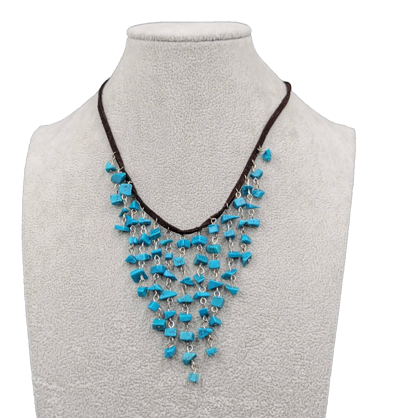 Blue Howlite Stone Chip Beads Waterfall Necklace Brown Suede Leather 16"-20"