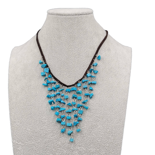 Blue Howlite Stone Chip Beads Waterfall Necklace Brown Suede Leather 16"-20"