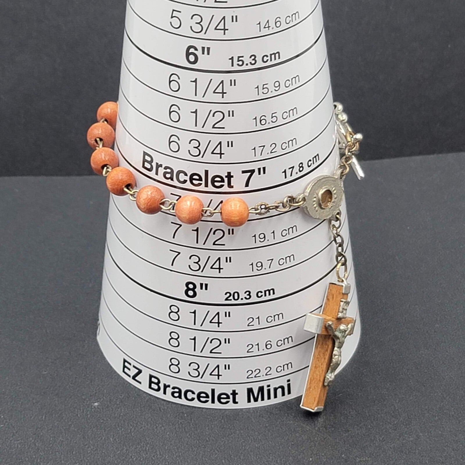 Rosary Bracelet Wood Beads Catholic Religious 8" Silver tone Metal
