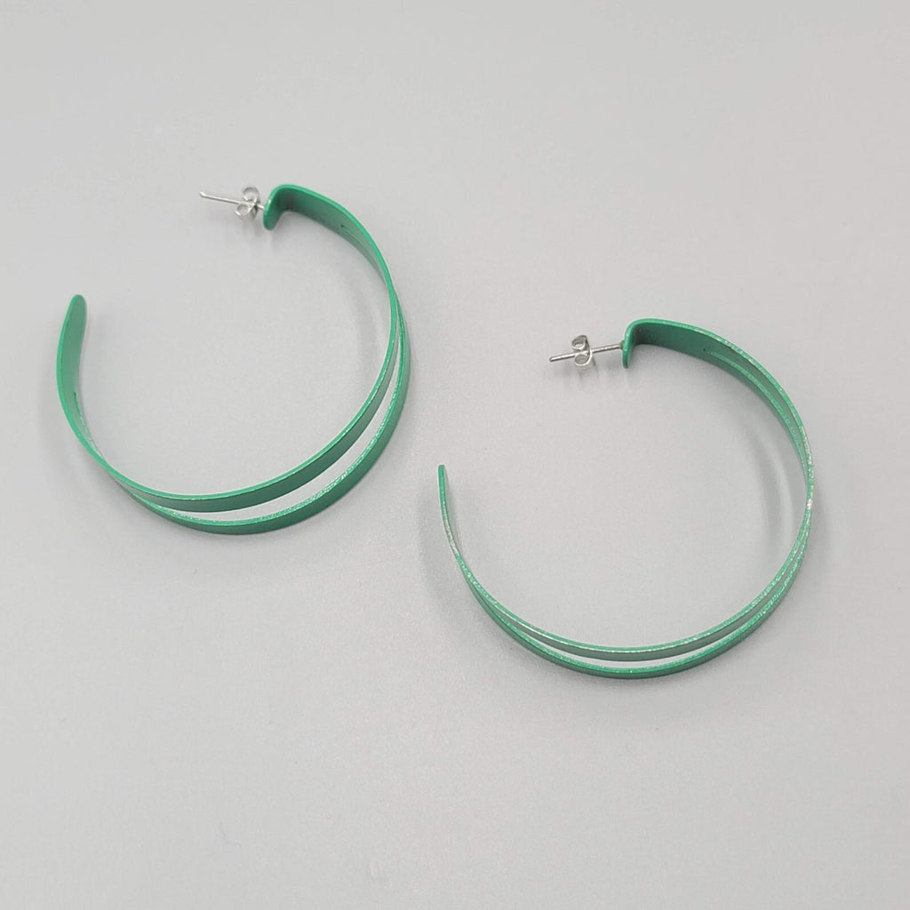 Green Enamel Hoops Hoop Pierced Earrings Large Statement Double 2"