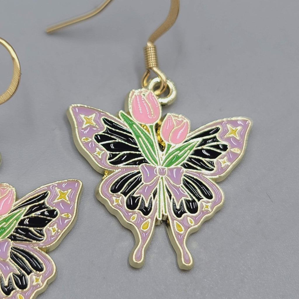 Pink Tulip Purple Moth Enamel Pierced Earrings Gold tone Dangle Butterfly 1"