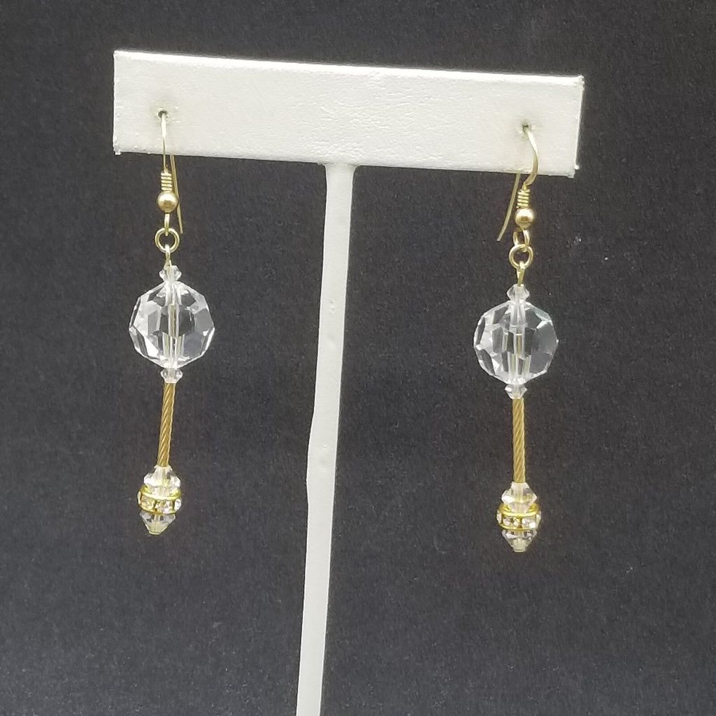 Pierced Earrings Gold tone Faceted Crystal Bead Statement Dangle 1 1/2". 4951