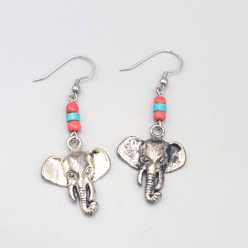Elephant Bead Pierced Earrings Dangle Silver tone 1.5"