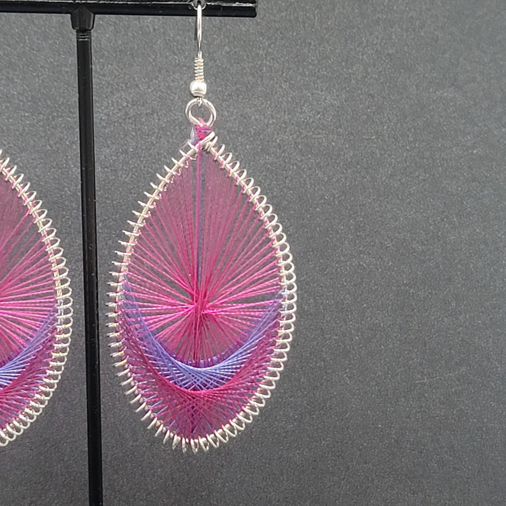 Pierced Earrings Silver tone Pink Purple String Art Dangle 2.5"