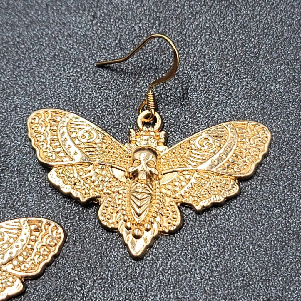 Death Head Moth Pierced Earrings Gold tone Dangle 1" x 1 5/8" 