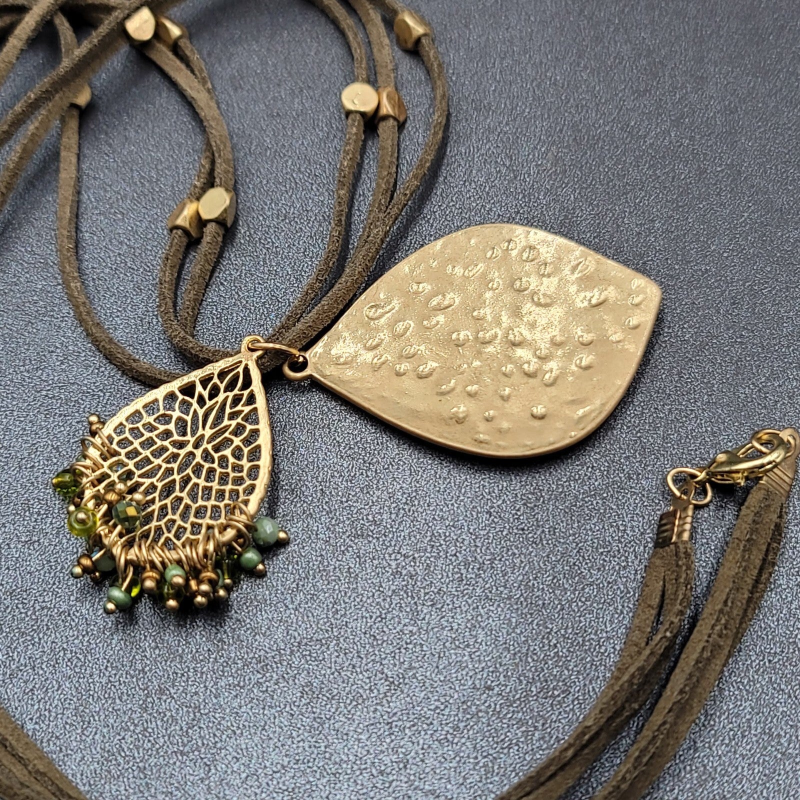 Long Statement Necklace Green Suede Triple Cord Gold tone Pendant 54"