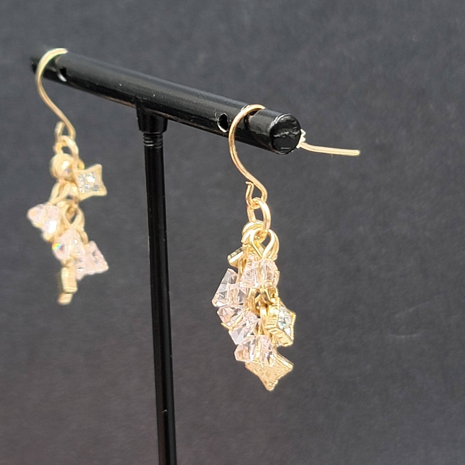 Pierced Earrings Gold tone Pink Crystal Cluster Bead Dangle 1"