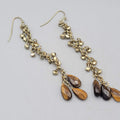 Long Tigers Eye Stone Bead Pierced Earrings Gold tone Dangle 3"
