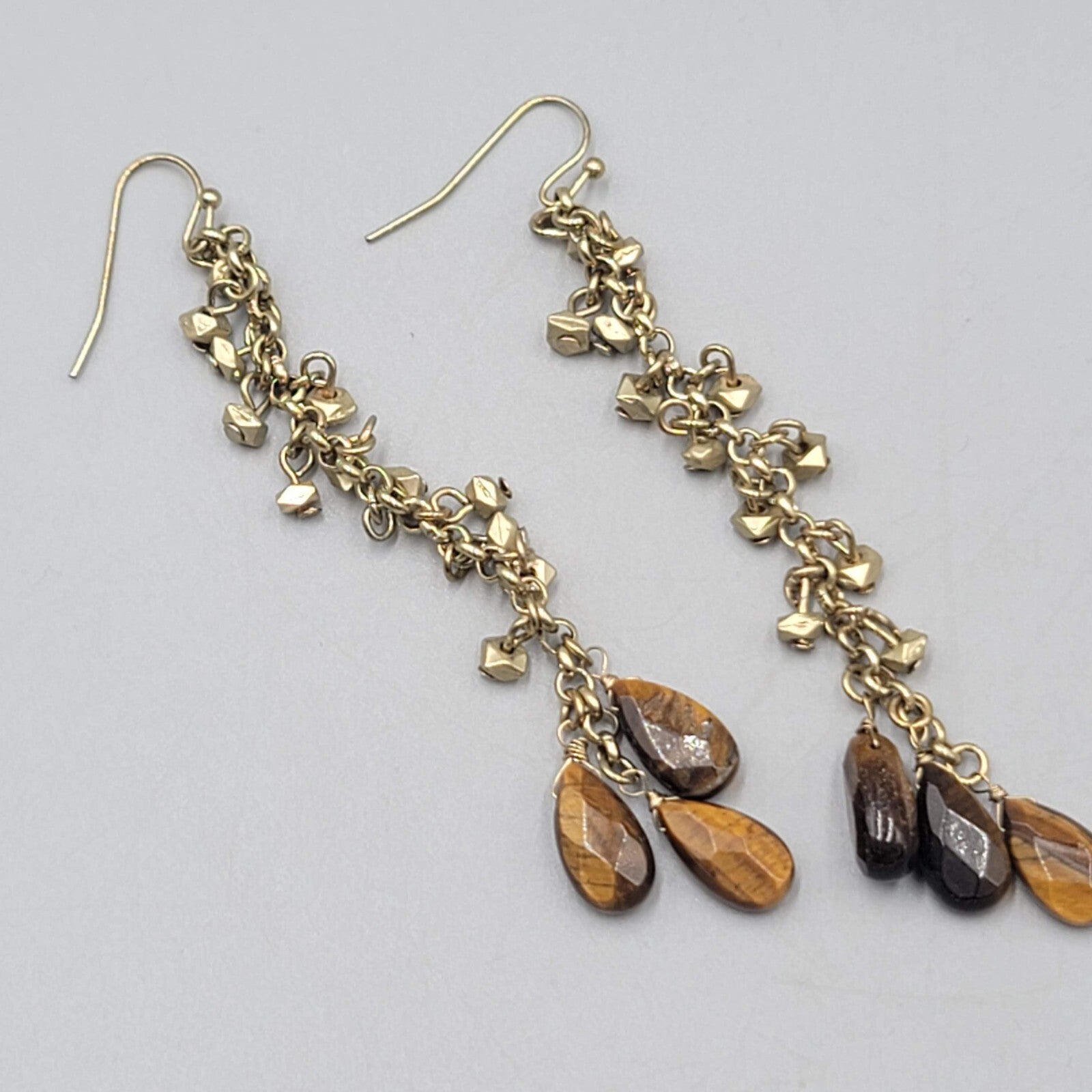 Long Tigers Eye Stone Bead Pierced Earrings Gold tone Dangle 3"