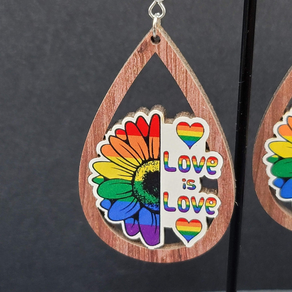 New PRIDE Love is Love Pierced Earrings Rainbow Wood Teardrop Dangle 2.25"