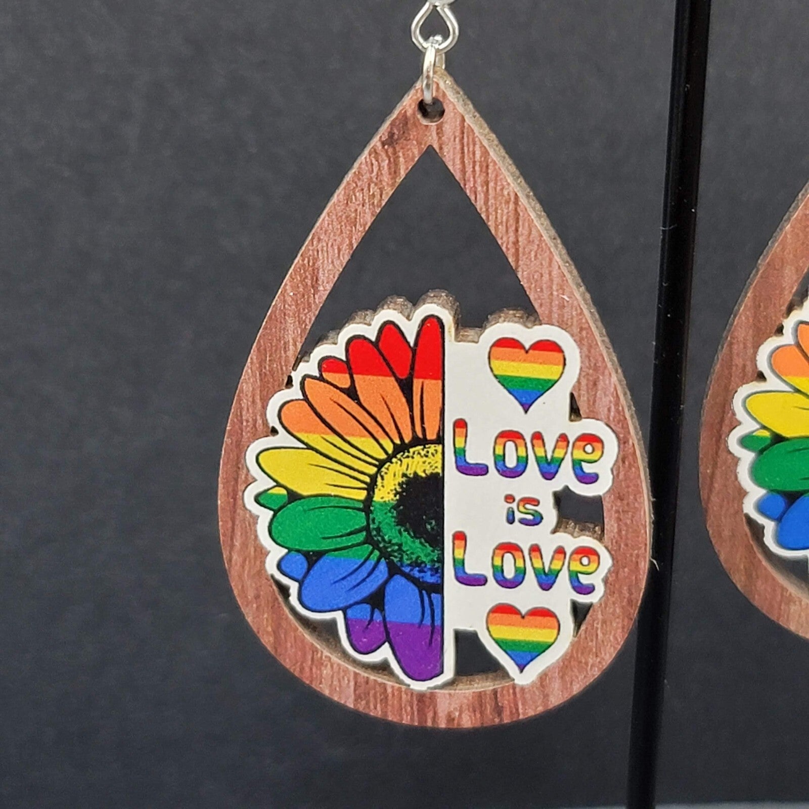 New PRIDE Love is Love Pierced Earrings Rainbow Wood Teardrop Dangle 2.25"
