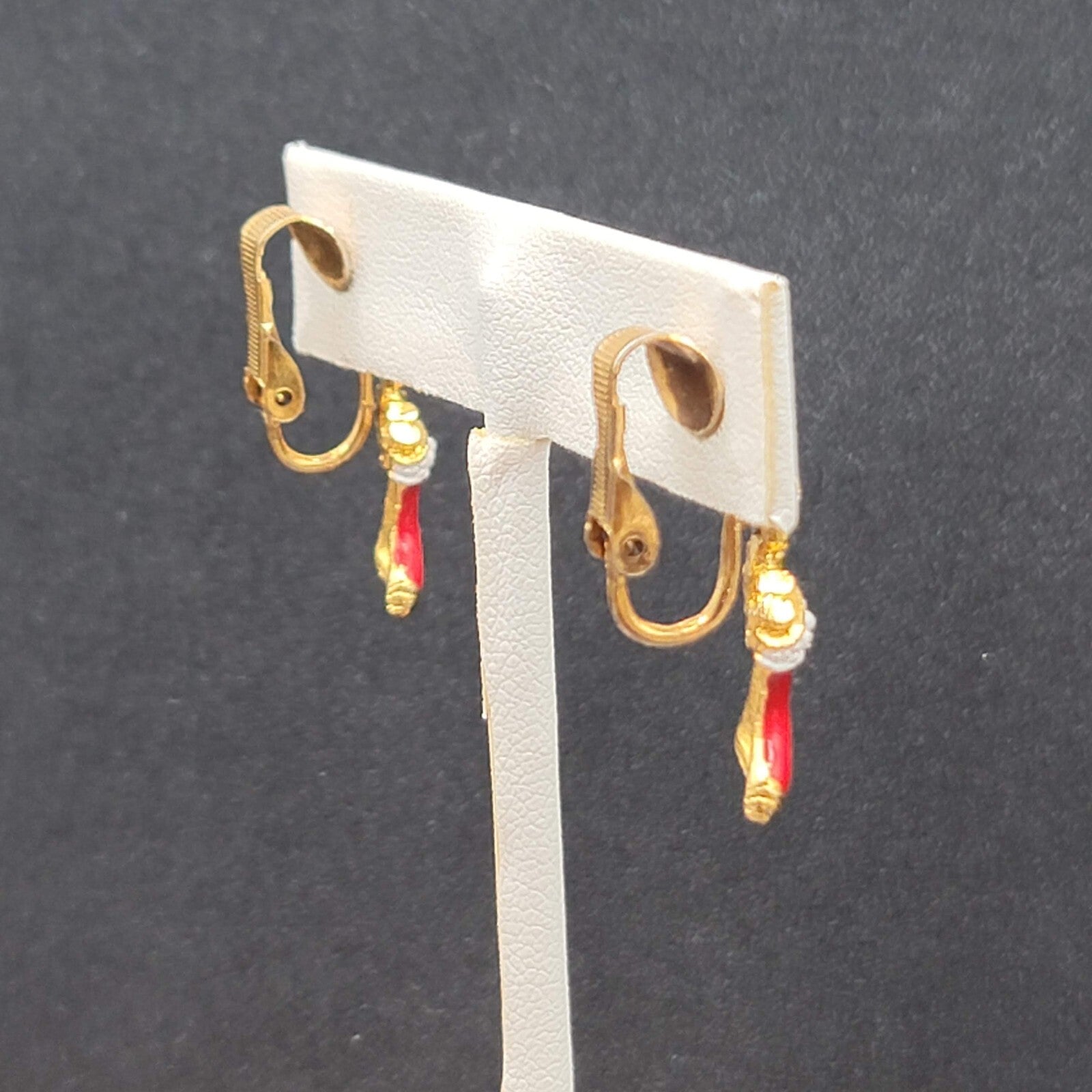 Vintage Christmas Clip on Earrings Gold tone Enamel Stocking Dangle 1"