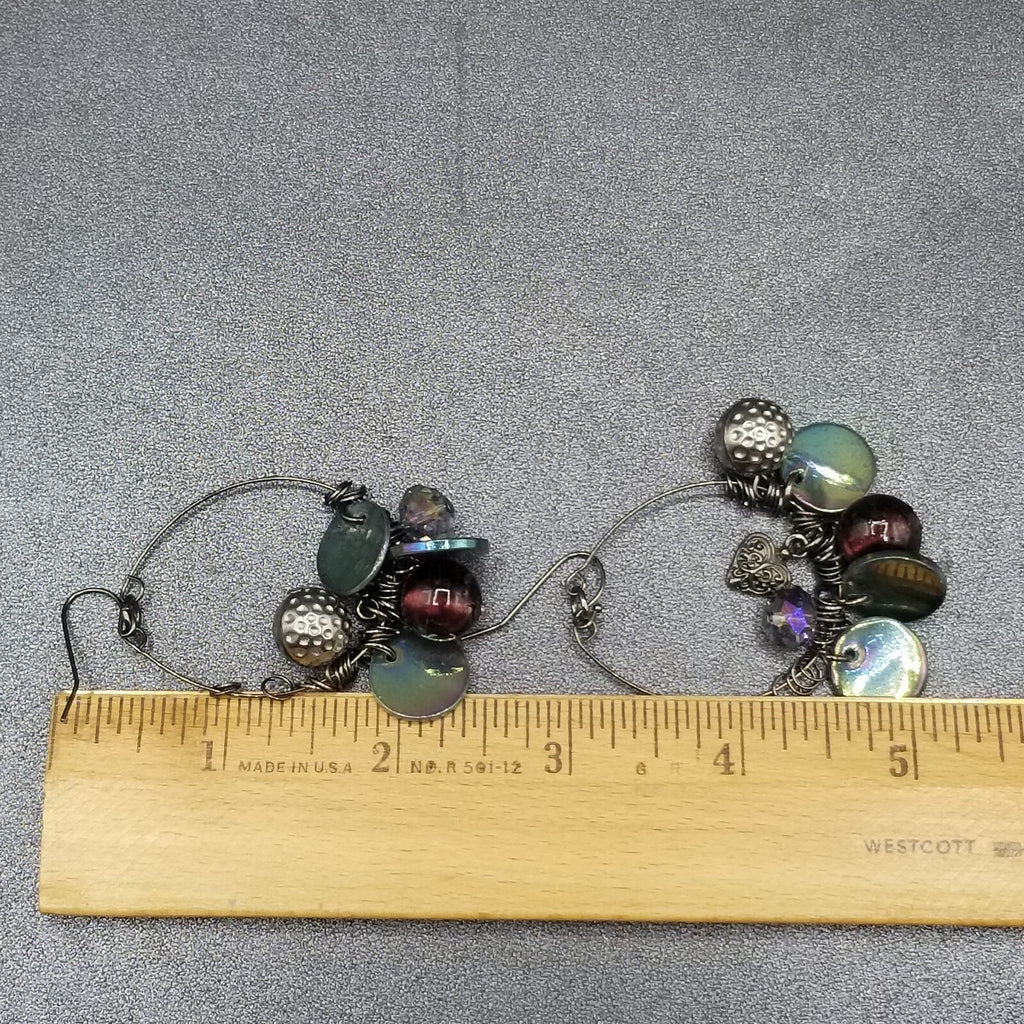 Pierced Earrings Black Wire Loop Acrylic Metal Charm Dangle 2 1/4"