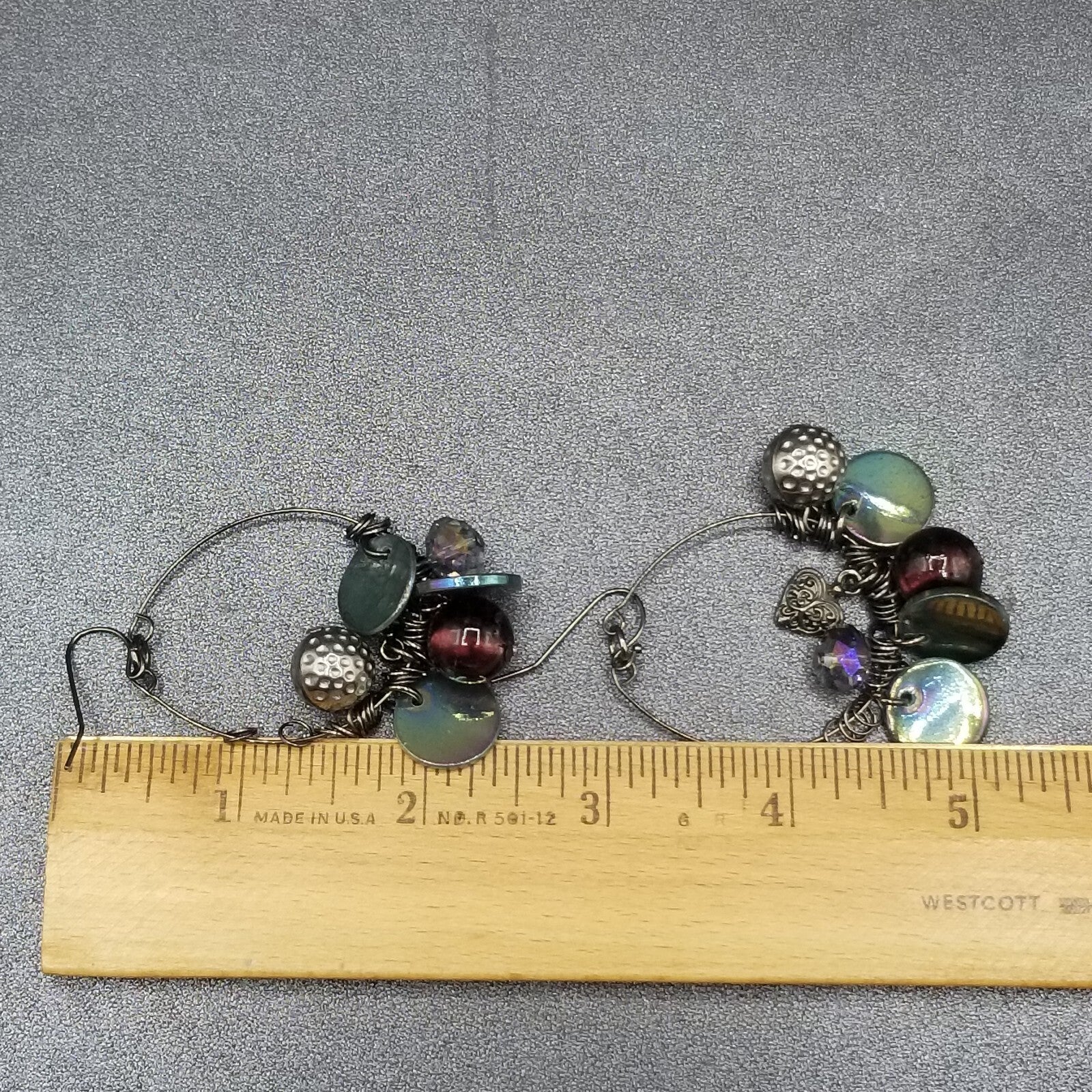 Pierced Earrings Black Wire Loop Acrylic Metal Charm Dangle 2 1/4"