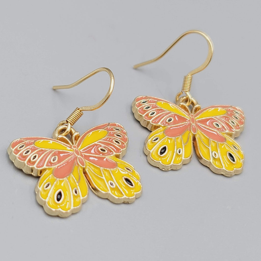 Yellow Moth Enamel Pierced Earrings Gold tone Dangle Butterfly 3/4"