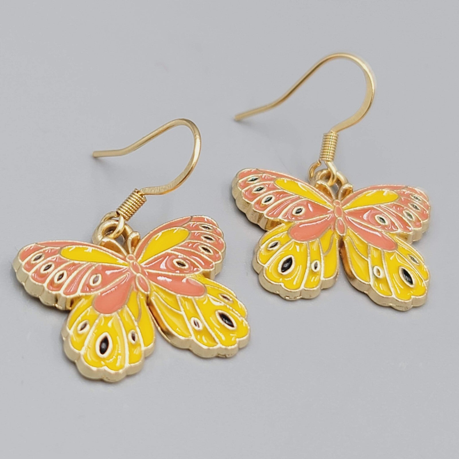 Yellow Moth Enamel Pierced Earrings Gold tone Dangle Butterfly 3/4"
