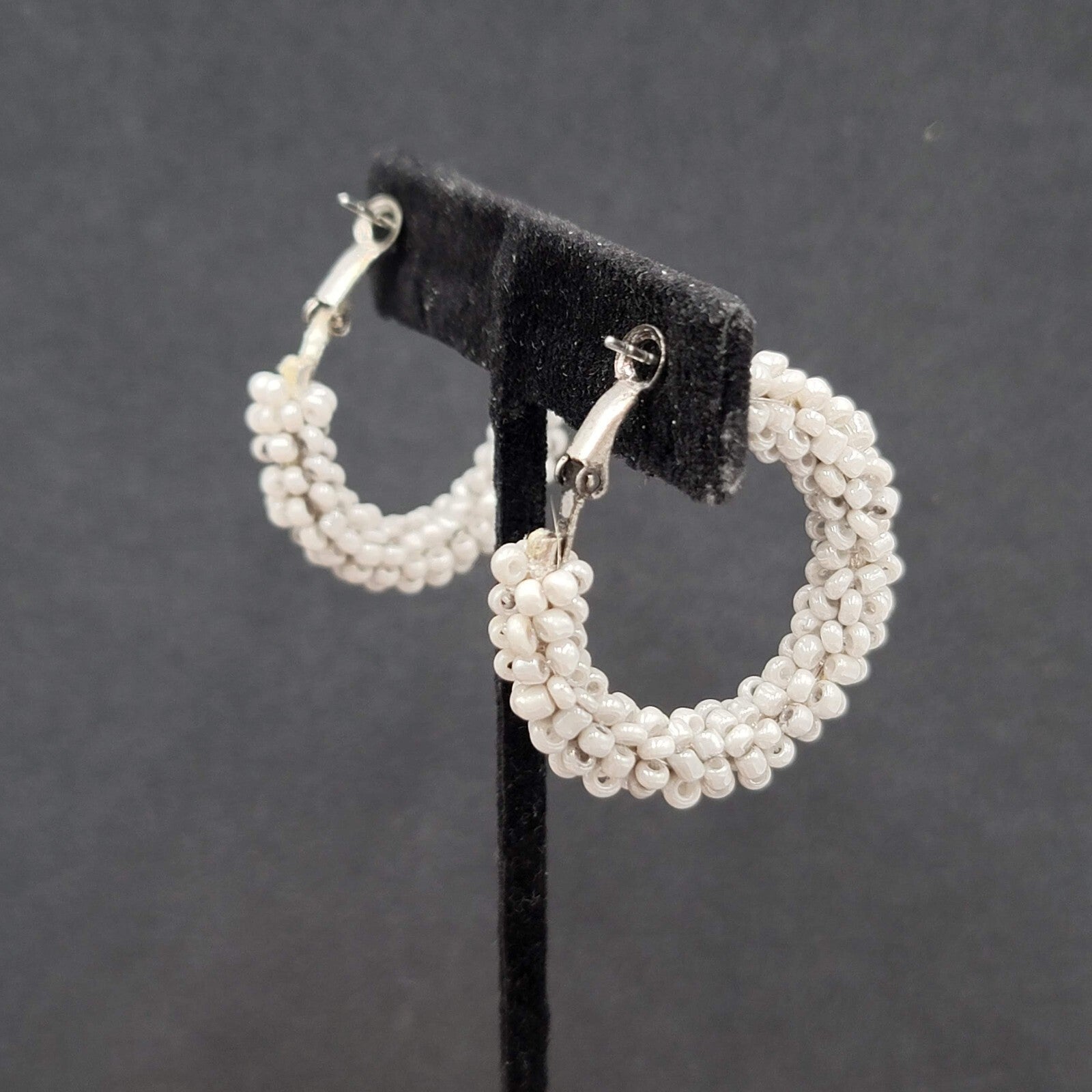 Pierced Earrings Light Gray Seed Bead Covered Hoops 1.25"