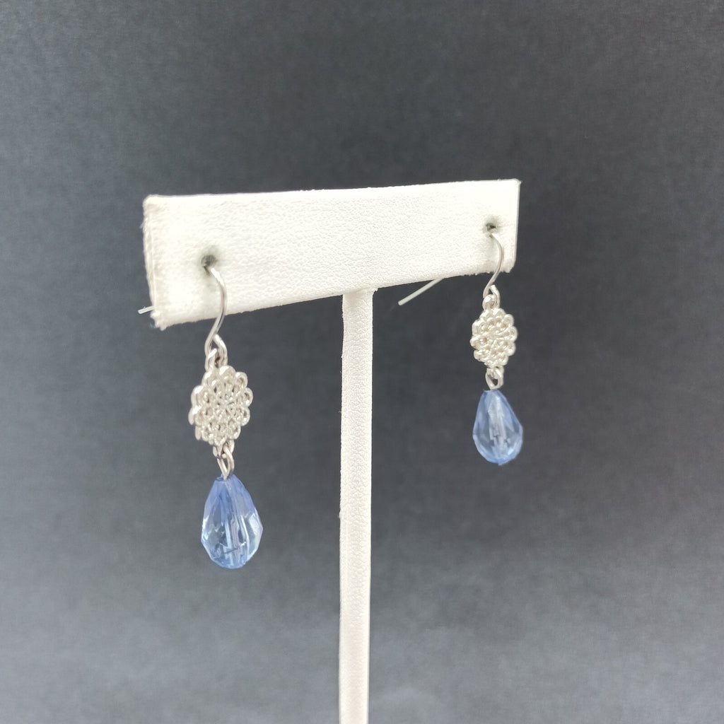Pierced Earrings Silver tone Open Work Blue Faceted Glass Bead Dangle 1 1/4"