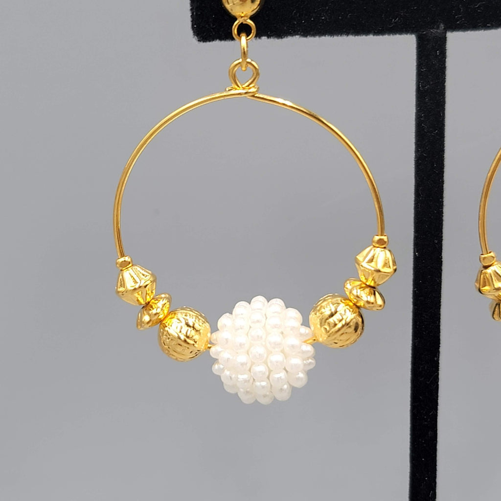 Beaded Hoops Pierced Earrings Gold tone Dangle 2"