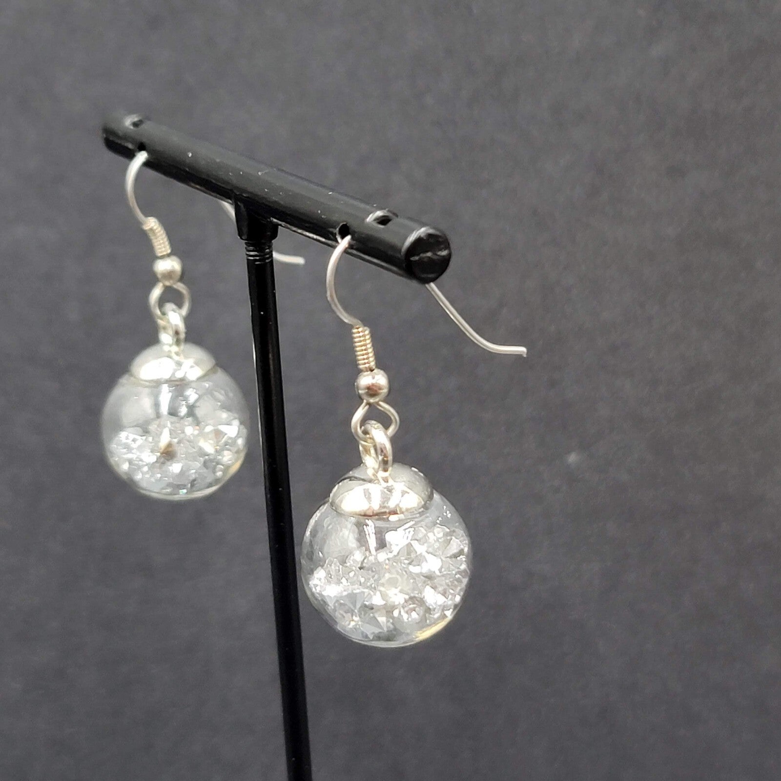 Pierced Earrings Silver tone Loose Clear Rhinestones Filled Sphere Dangle 3/4"