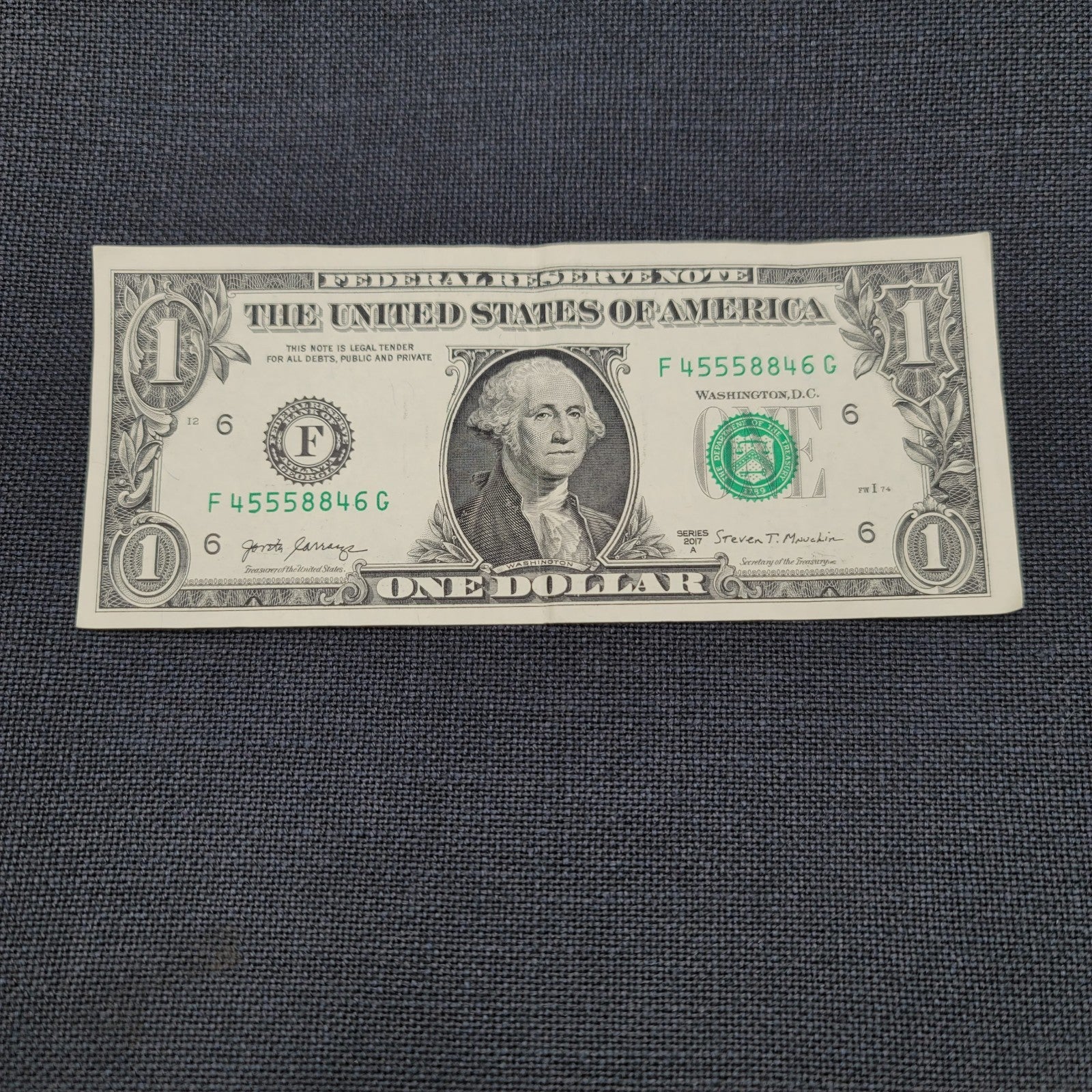 $1 Dollar Bill #F 45558846 G Series 2017 A
