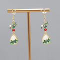 Gold tone White Teardrop Green Enamel Pierced Earrings Dangle 1.5"