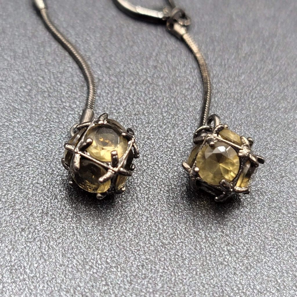 Pierced Earrings Black Metal Green Stone Sphere Dangle Chain 1.75"
